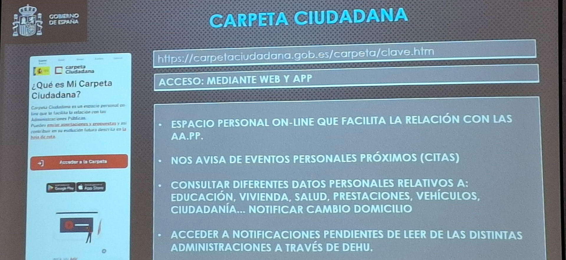 Pantalla proyectada con información e iconos