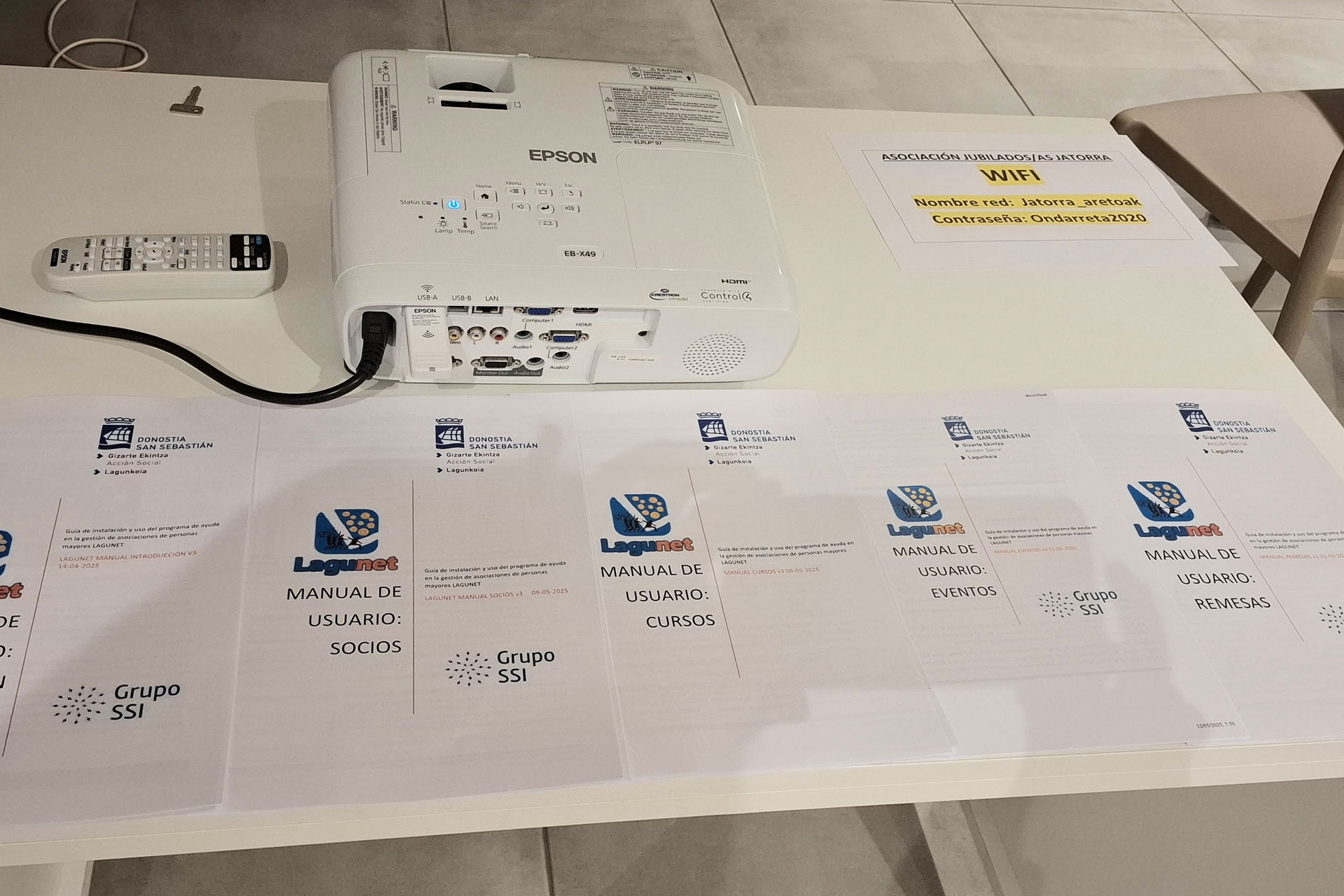 Varios manuales sobre una mesa al lado de un proyector